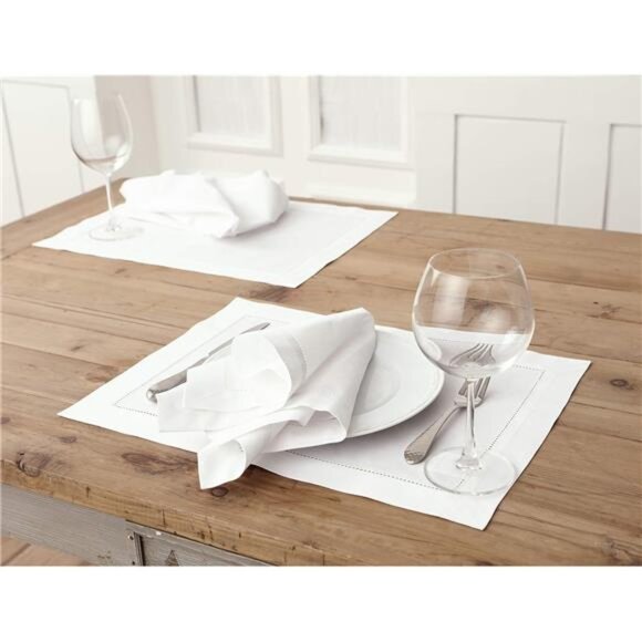 White Placemats Set of 4 – Cotton Linen Hemstitch Fall, Thanksgiving, Christmas - Picture 3 of 5